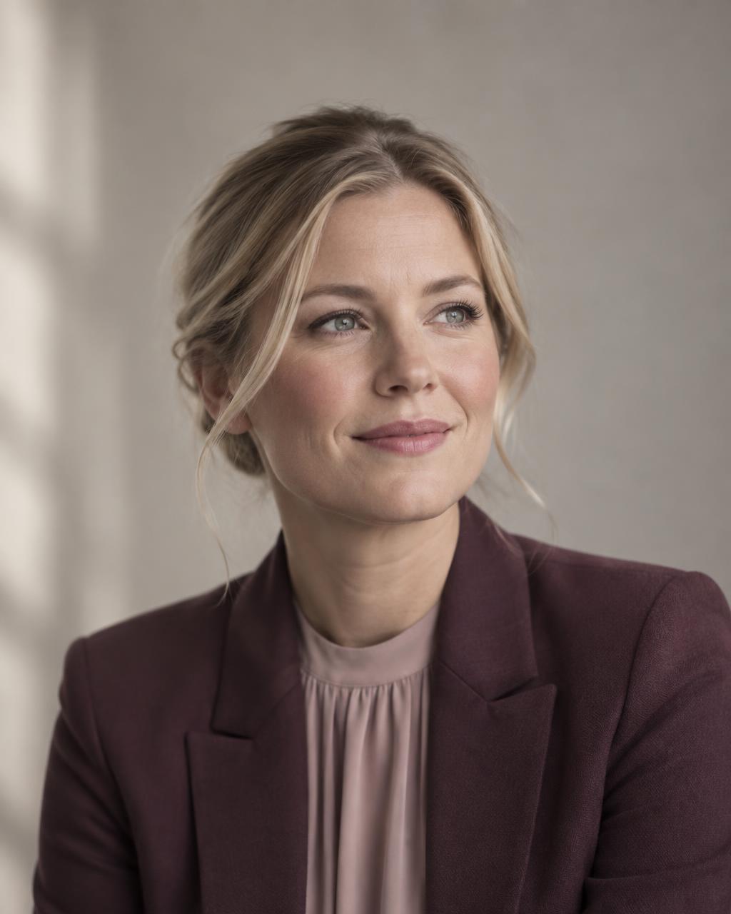 A calm, confident woman in soft warm light